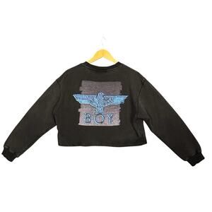 BOY London Crop Sweatshirt M Black Eagle Logo Graphic Long Sleeve Cotton